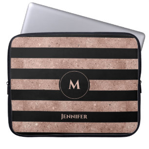Elegant Black Rose Gold Glitter Striped Monogram Laptop Sleeve
