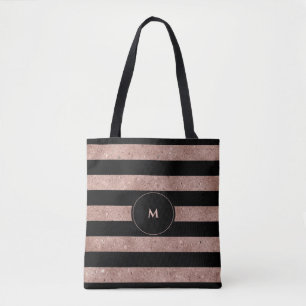Elegant Black Rose Gold Glitter Striped Monogram Tote Bag
