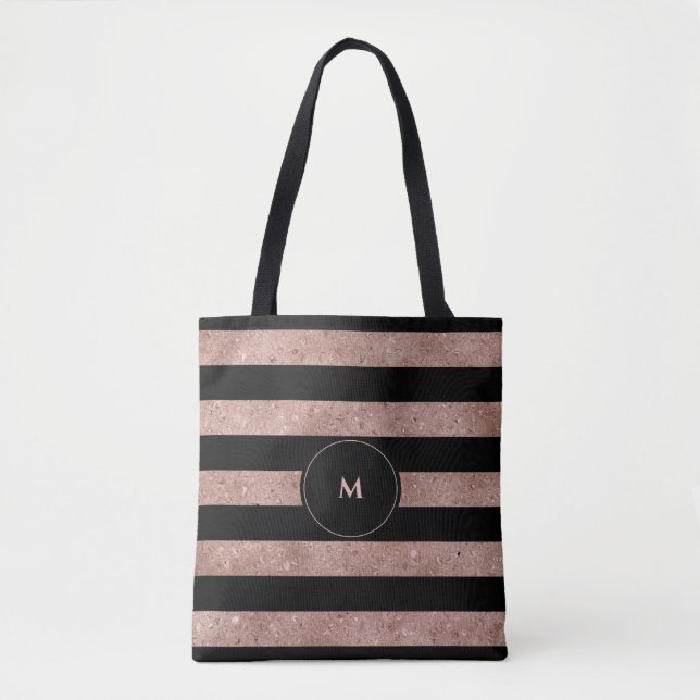 Elegant Black Rose Gold Glitter Striped Monogram Tote Bag (Front)
