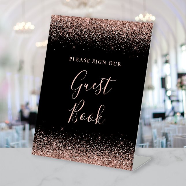 Elegant Black Rose Gold Glitter Wedding Guest Book Pedestal Sign (Creator Uploaded)