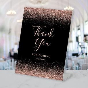Elegant Black Rose Gold Glitter Wedding Thank You Pedestal Sign