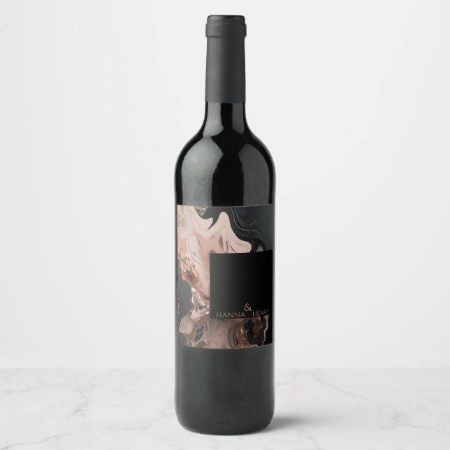 Elegant  black rose gold   Marble texture  Wine Label (Front)