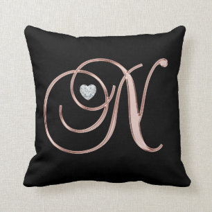Elegant Black Rose Gold Monogram Letter 'N ' Cushion