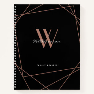 Elegant Black Rose Gold Monogram Name Recipe Notebook