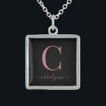 Elegant Black Rose Gold Monogram Name Sterling Silver Necklace<br><div class="desc">Chic Elegant Pink Rose Gold Monogram Script necklace on a chic black background. Easy to customise with your own name and details. Perfect for your luxury lifestyle! Please contact us at cedarandstring@gmail.com if you need assistance with the design or matching products.</div>
