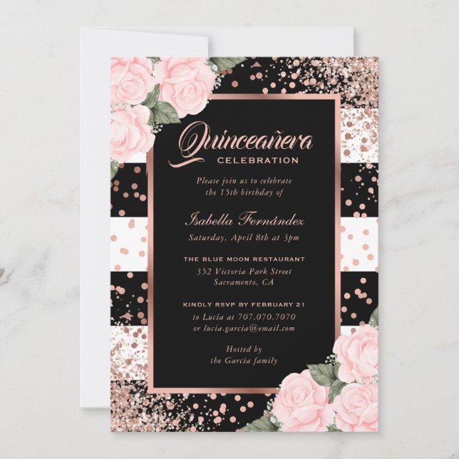 Elegant Black Rose Gold Pink Floral Quinceañera Invitation (Front)