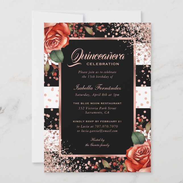 Elegant Black Rose Gold Red Floral Quinceañera Invitation (Front)