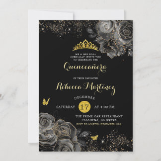 Elegant Black rose & Gold Royal Crown Mis Quince Invitation