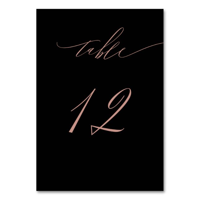 Elegant Black Rose Gold Script No 12 Wedding Table Number (Front)