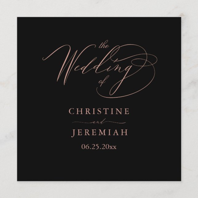 Elegant Black Rose Gold Script Typography Wedding Programme (Front)