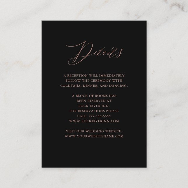 Elegant Black Rose Gold Script Wedding Details Enclosure Card (Front)