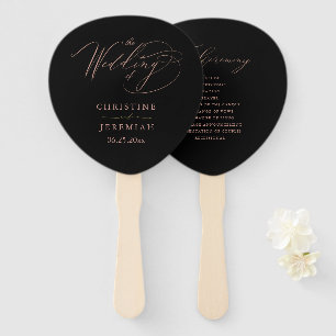 Elegant Black Rose Gold Script Wedding Program Hand Fan