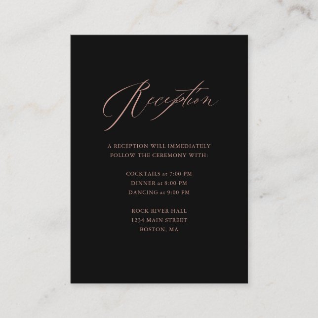 Elegant Black Rose Gold Script Wedding Reception Enclosure Card (Front)