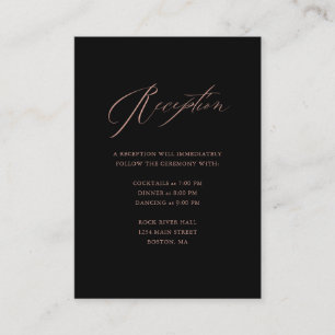 Elegant Black Rose Gold Script Wedding Reception Enclosure Card