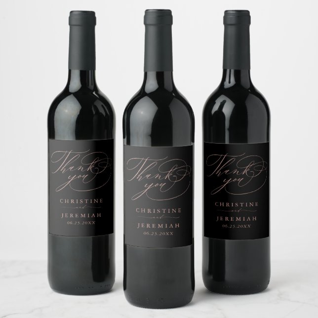 Elegant Black Rose Gold Script Wedding Thank You Wine Label (Bottles)