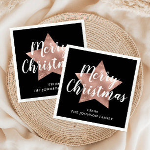 Elegant Black Rose Gold Star Merry Christmas  Napkin