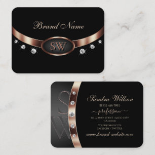 Elegant Black Rose Gold with Diamonds and Monogram Business Card