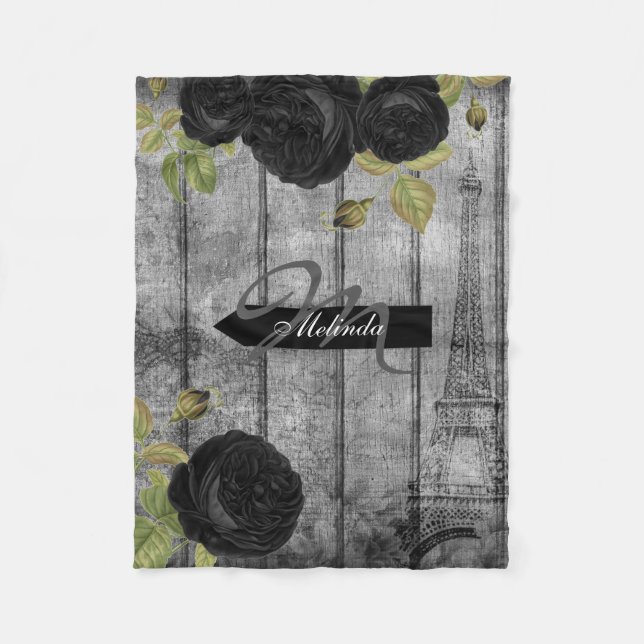 Elegant Black Rose Paris Style - Personalise Fleece Blanket (Front)