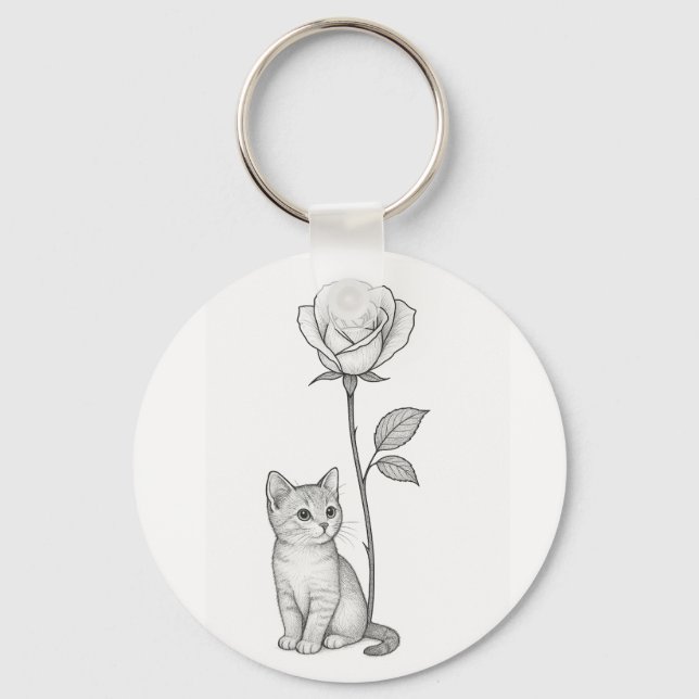Elegant Black Rose with Little Kitten Key Ring (Front)