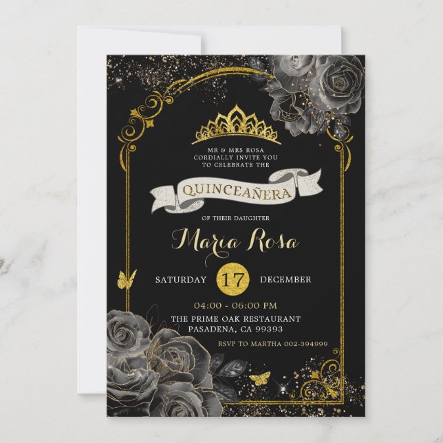 Elegant Black Roses Gold Royal Crown Quinceañera Invitation (Front)