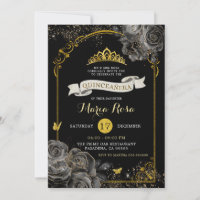Elegant Black Roses Gold Royal Crown Quinceañera