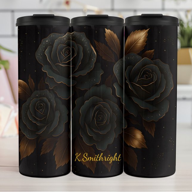 Elegant Black Roses Golden Accents Thermal Tumbler (Creator Uploaded)