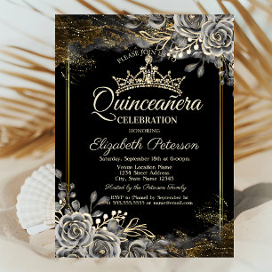 Elegant Black Roses Gothic Quinceañera  Invitation