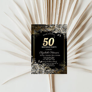 Elegant Black Roses,Lights Black 50th Birthday Invitation