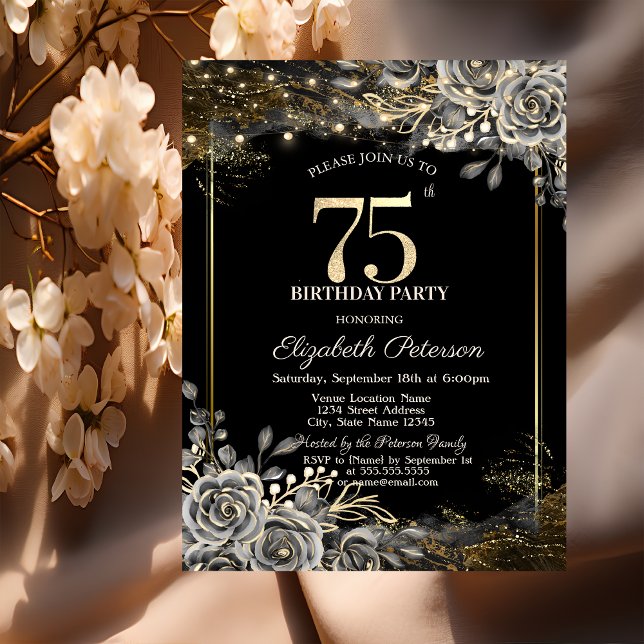 Elegant Black Roses,Lights Black 75th Birthday  Invitation (Creator Uploaded)