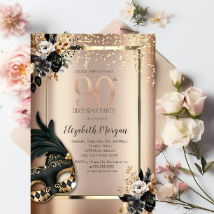 Elegant Black Roses Masque Confetti 90th Invitation