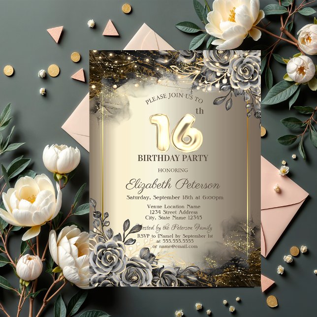 Elegant Black Roses,String Lights 16th Birthday  Invitation (Creator Uploaded)