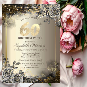 Elegant Black Roses,String Lights 60th Birthday  Invitation