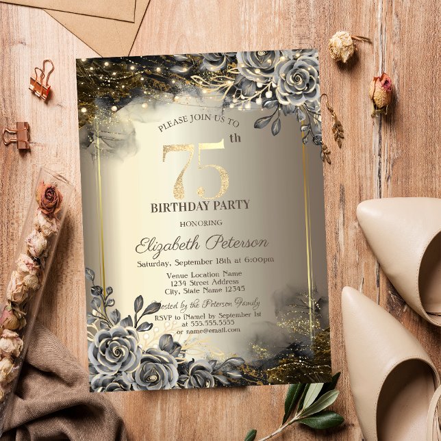 Elegant Black Roses,String Lights 75th Birthday  Invitation (Creator Uploaded)