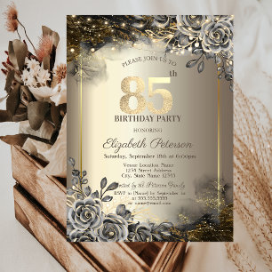 Elegant Black Roses,String Lights 85th Birthday Invitation