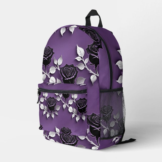 Elegant Black Roses With Silver Leaves Printed Backpack (Back Corner Right)