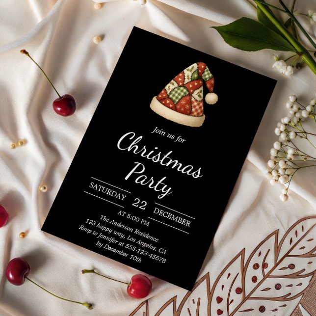 Elegant Black Rustic Santa Hat Christmas Party Invitation (Creator Uploaded)