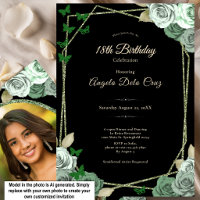 Elegant Black Sage Green Rose 18th Birthday Debut