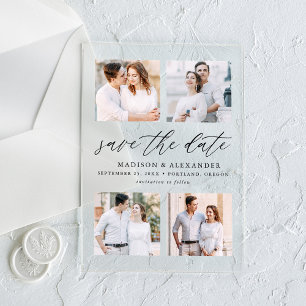 Elegant Black Script 4 Photo Wedding Save the Date Acrylic Invitations