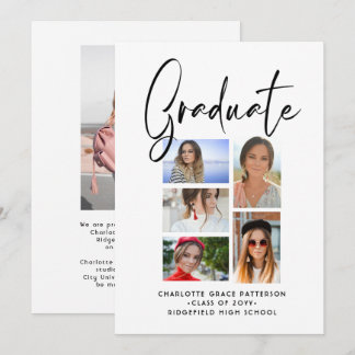 Elegant Black Script 5 Photo Graduation Collage Announcement