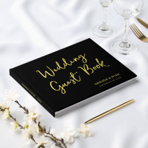 Elegant Black Script Bride Groom Wedding Guest Book