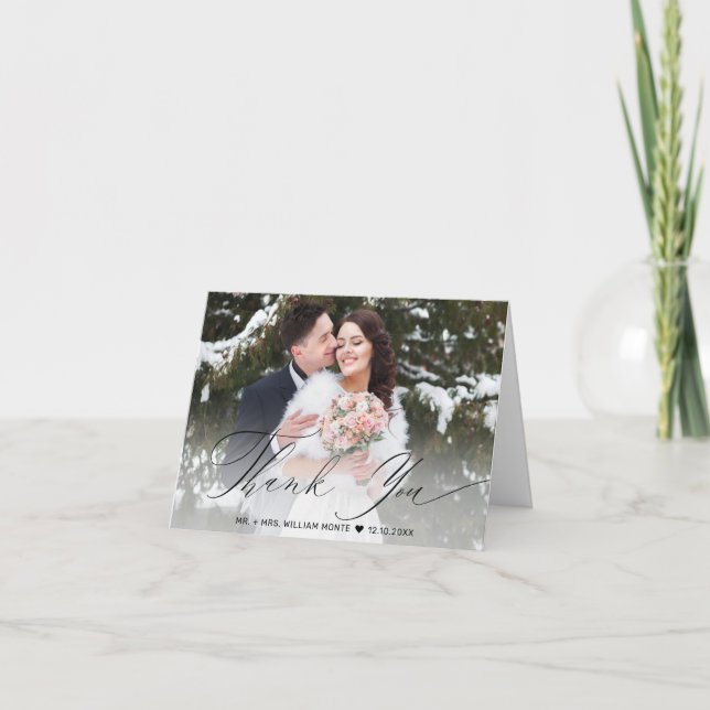 Elegant Black Script Calligraphy Photo Wedding Thank You Card (Front)