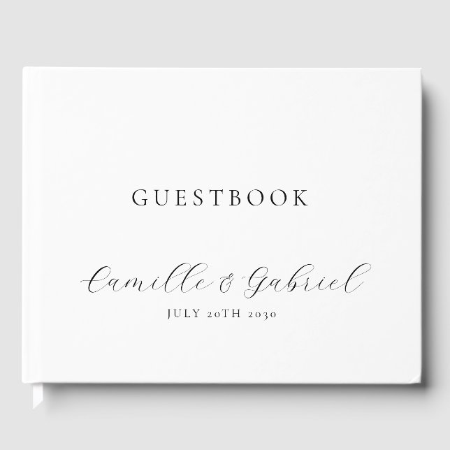 Elegant Black Script Calligraphy White Wedding Guest Book (Front)