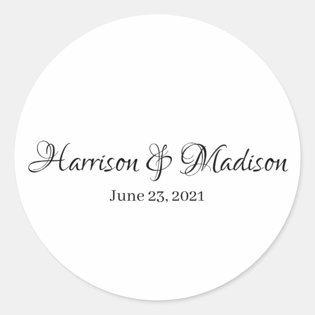 Elegant black script custom name & date Wedding Classic Round Sticker (Front)
