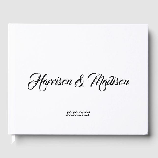 Elegant black script custom names date Wedding Guest Book (Front)