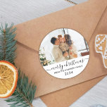 Elegant Black Script Family Photo Merry Christmas Classic Round Sticker<br><div class="desc">Elegant Minimalist Modern Black Script "Merry Christmas" Calligraphy Family Photo Holiday Large Sticker.  Great for Mailing Accessories Envelope Seals and Gift Stickers.</div>