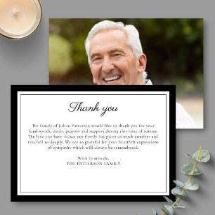 Elegant Black Script Funeral Photo Thank You Card