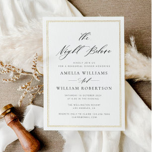 elegant black script gold frame rehearsal dinner invitation