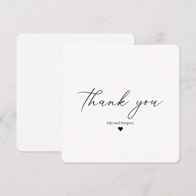 Elegant Black Script Heart Thank You Card (Front/Back)