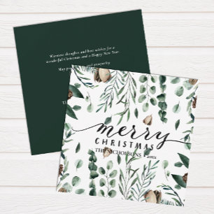Elegant Black Script Magnolia Eucalyptus Greenery  Holiday Card