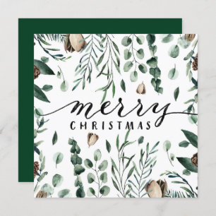 Elegant Black Script Magnolia Eucalyptus Greenery Holiday Card